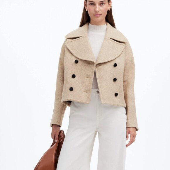 NWT Madewell Wool Oversized Collar Short Pea Coat LARGE Herringbone NT113 2024 - Picture 1 of 8